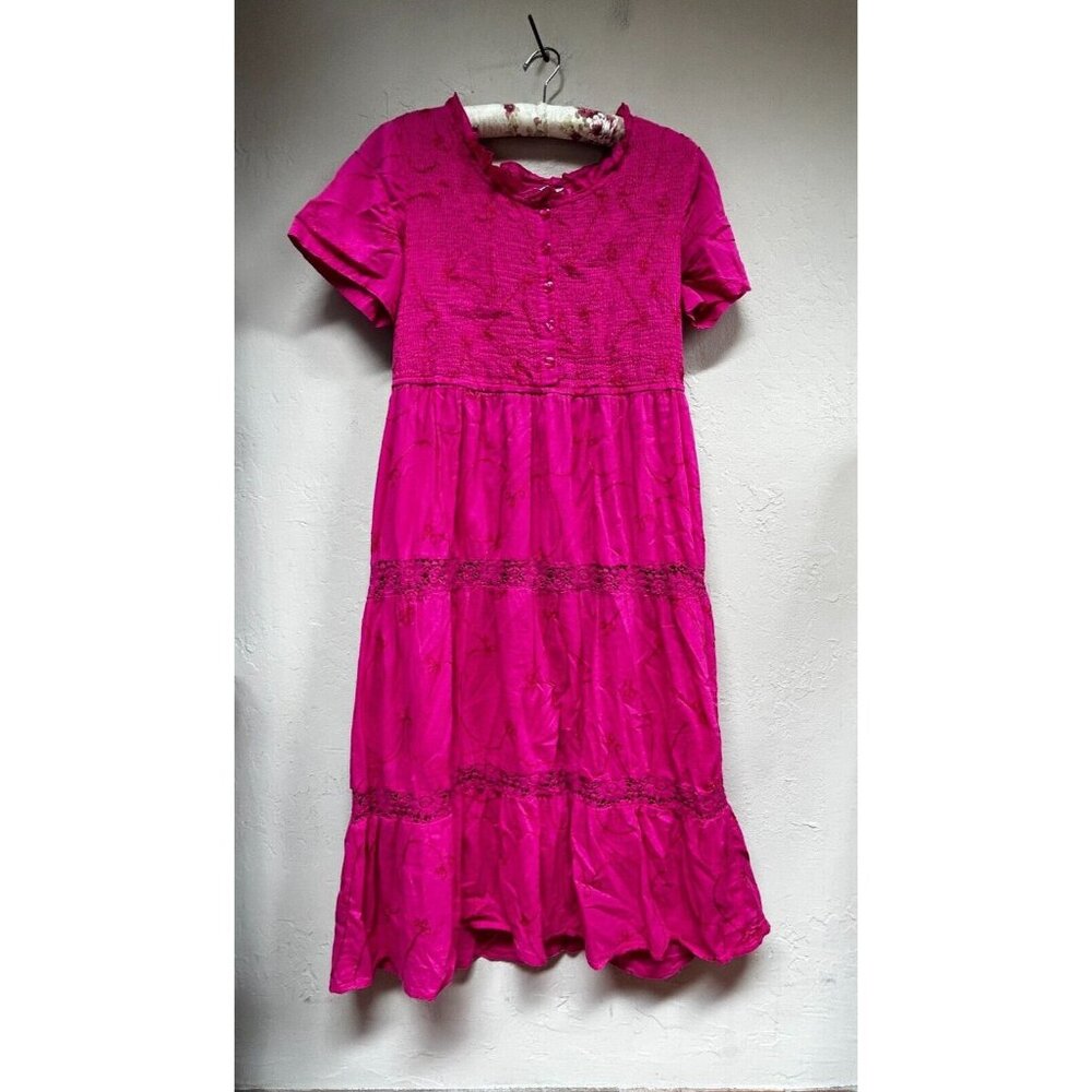 Take Two Clothing Womens Midi A-Line Dress Large Smocked Tiered Embroidered Pink
